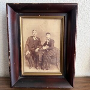 Antique Victorian Wedding Picture Frame Cabinet Card Couple Man Woman Short Hair